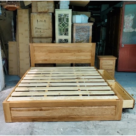 Nhật 1m6 - 2HK : Giường Ngủ Gỗ Sồi + 2 Ngăn Kéo